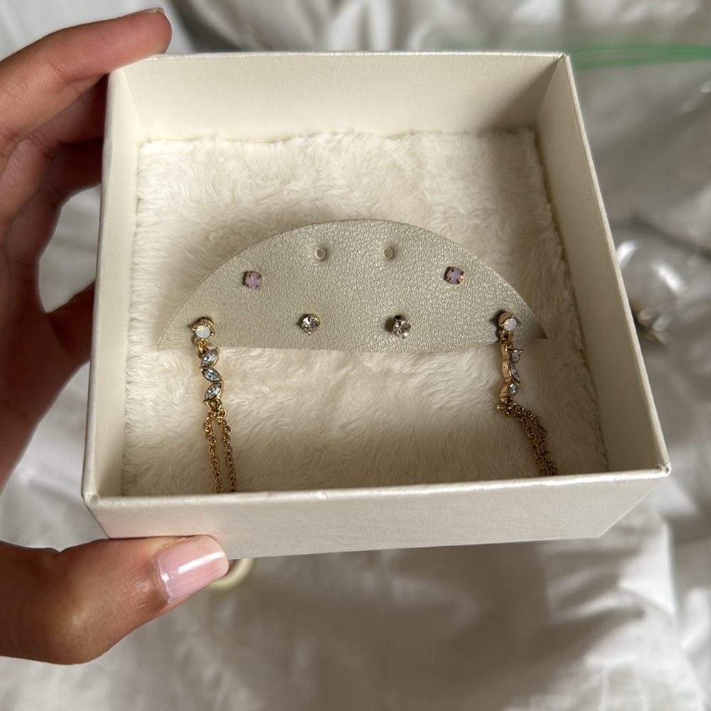 Urban Outfitters pink gold white earrings set drop studs diamond rhinestone